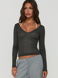 Kaiyah Sheer V Neck Long Sleeve Top Slate