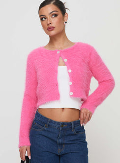 front view of model wearing Princess Polly Just A Girl Cardigan Pink cropped 