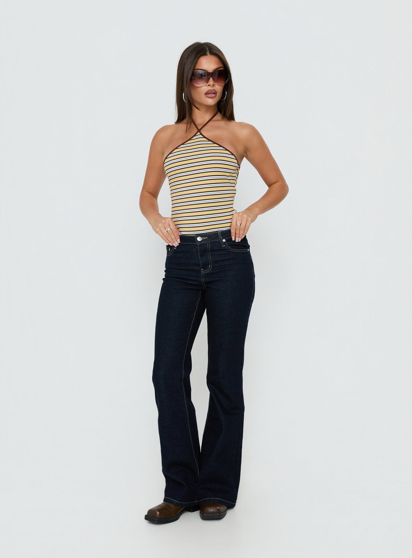 Featuring the Aethoria Arrowneck Bodysuit Multi Stripe womens bodysuit in sleeveless style product Princess Polly