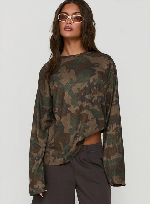Arlla Waffle Jersey Long Sleeve Top Camo