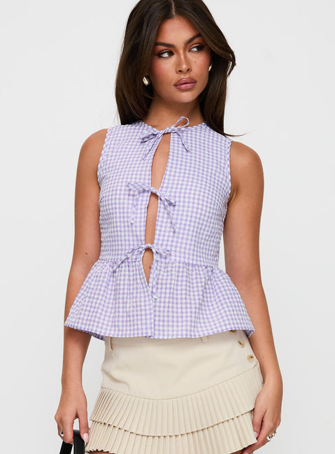 Rosellah Tie Up Top Lilac Check