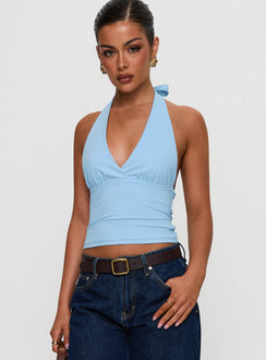 front view of model wearing Princess Polly Whimsy Halter Top Blue Sleeveless Plunger 