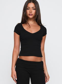 front view of model wearing Princess Polly Lovely Day V Neck Top Black Short Sleeves V-Neck 