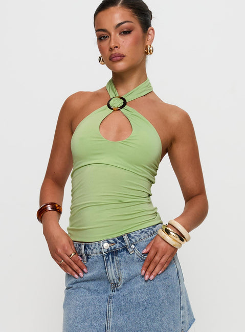 front view of model wearing Princess Polly Quell Top Green Sleeveless High Neck 
