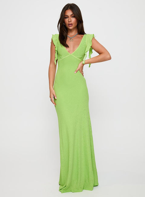 front view of model wearing Princess Polly Soleila Maxi Dress Green Tonal Plunger 