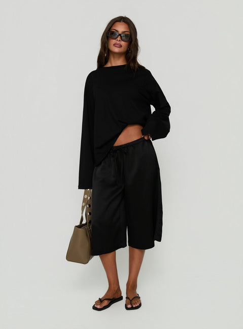 Ammeliah Satin Tie Waist Longline Shorts Black