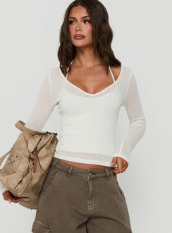 Kaiyah Sheer V Neck Long Sleeve Top White