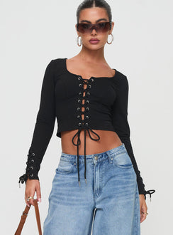 Long sleeve top Scooped neckline, lace up front and cuffs with tie fastening, silver-toned eyelets Good stretch, unlined 