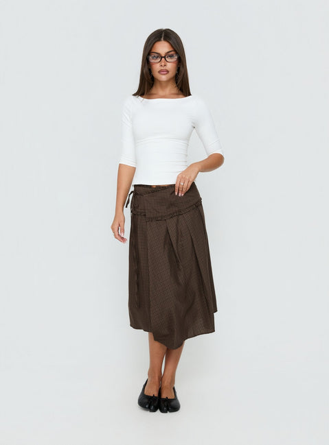 Ginella Pleated Tie Side Midi Skirt Brown Check