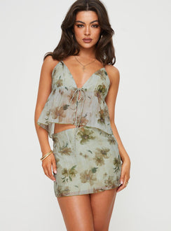 Matching set, floral print Halter necktop, sheer, plunging neckline  Tie fastening at bust, adjustable coverage Lined bust, non- stretch material  Mini skirt Invisible zip fastening at the side 