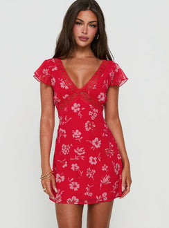 Arvexa Lace Trim Mini Dress Red Floral