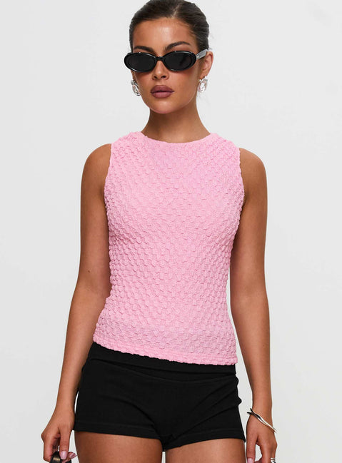 front view of model wearing Princess Polly Goodnight And Go Textured Top Pink Sleeveless Crew Neck 