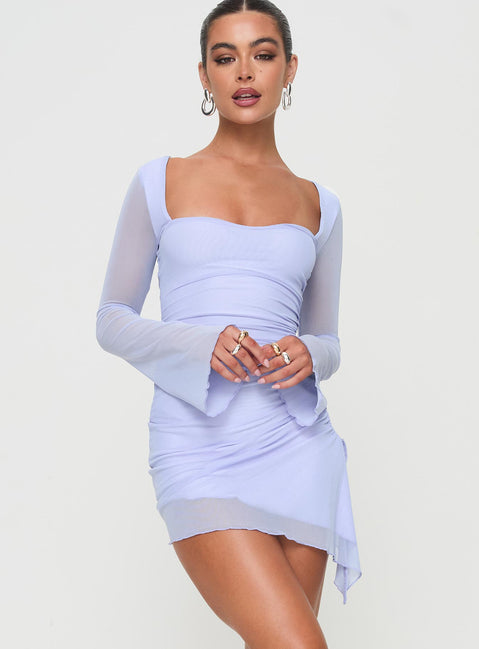 Long sleeve mini dress Mesh material, sweetheart neckline, ruching detail, asymmetric hem Good stretch, fully lined, sheer sleeves Princess Polly Lower Impact 