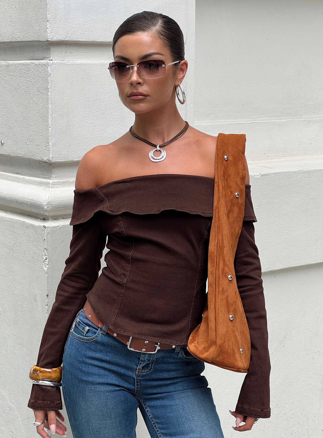 Everwood Off Shoulder Top Chocolate Denim