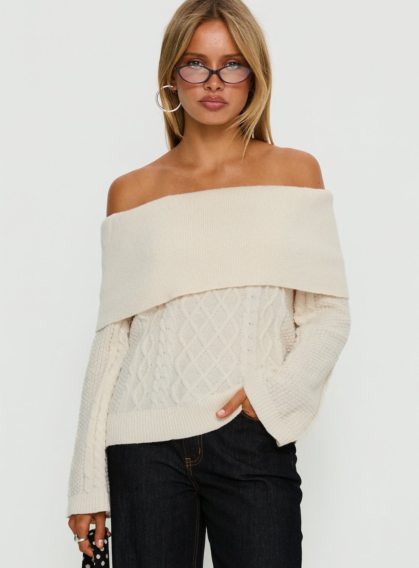 Presenting the Margarete Off Shoulder Knit Sweater Cream womens jumper with short length and boat neckline front view of model wearing Princess Polly
