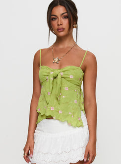 front view of model wearing Princess Polly Paislie Mesh Top Sage Green Sleeveless Sweetheart 