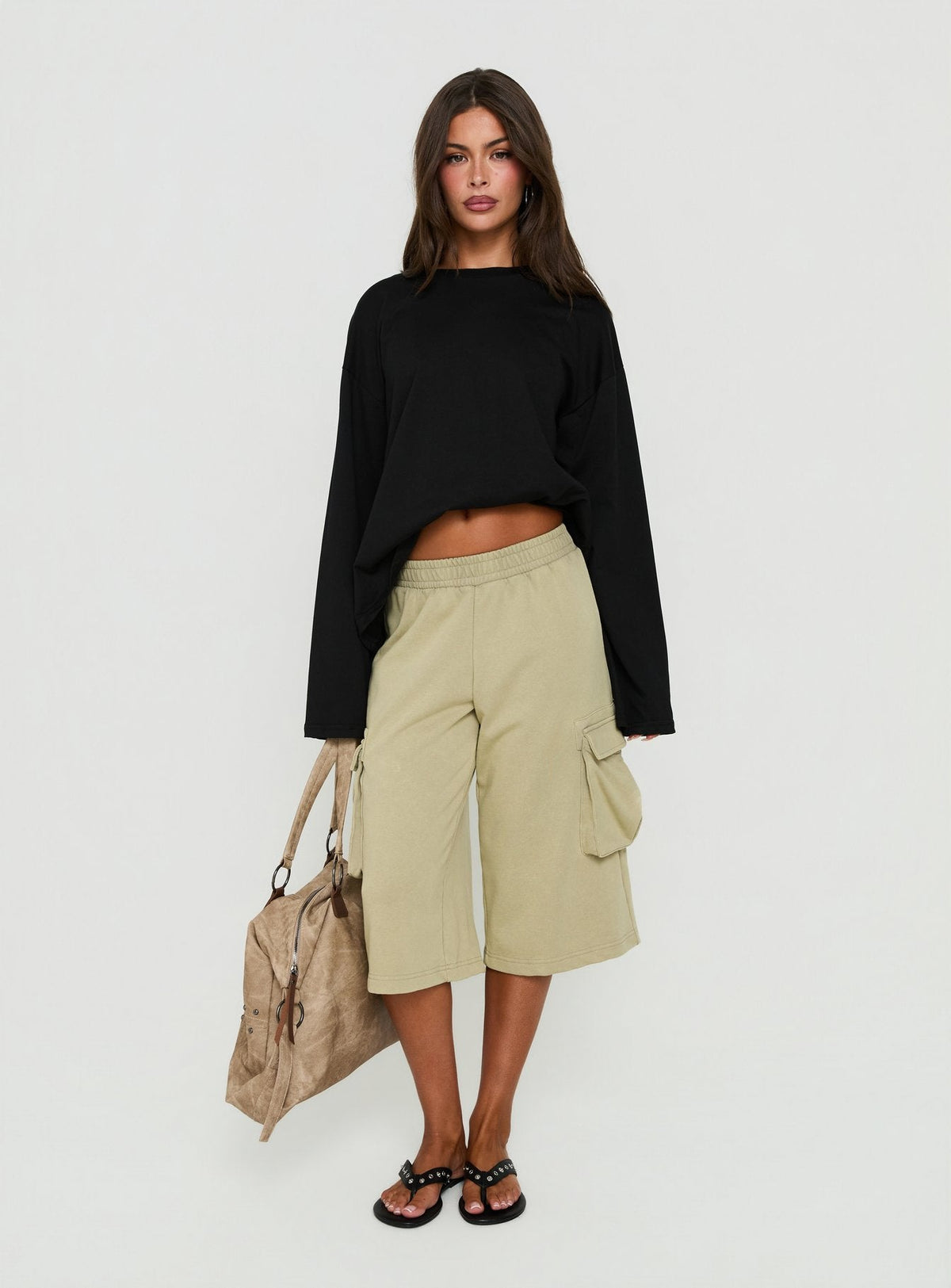 Harleah Wide Cargo Fleece Shorts Khaki