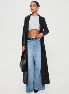 <ul> <li>Faux leather coat</li> <li>Lapel collar, button fastening down front, shoulder pads</li> </ul>