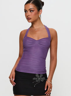 side view of model wearing Princess Polly Clovah Halter Top Purple Sleeveless Sweetheart 