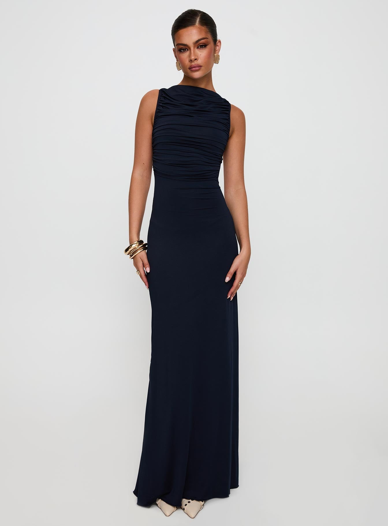 front view of model wearing Princess Polly Undeniable Cut Out Maxi Dress Navy High Neck 
