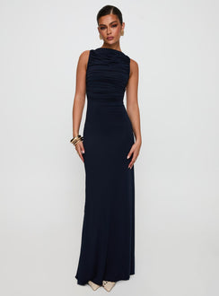 front view of model wearing Princess Polly Undeniable Cut Out Maxi Dress Navy High Neck 