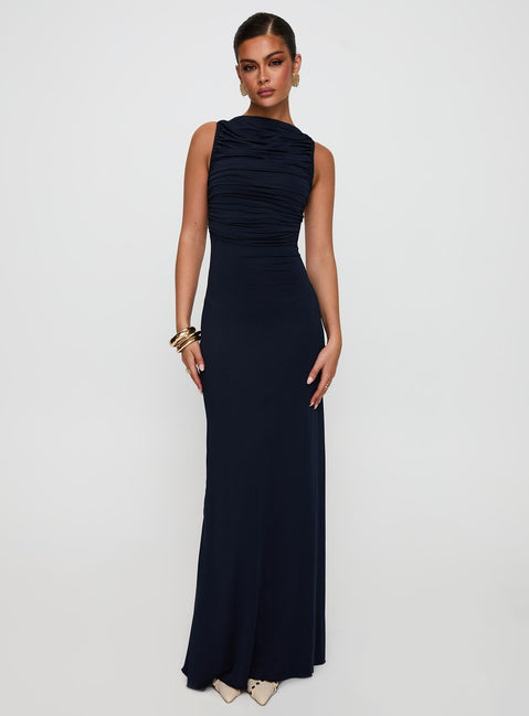 front view of model wearing Princess Polly Undeniable Cut Out Maxi Dress Navy High Neck 