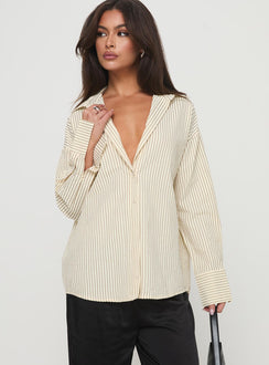 front view of model wearing Princess Polly Mallin Shirt Cream/Brown Stripe Full Sleeves V-Neck 