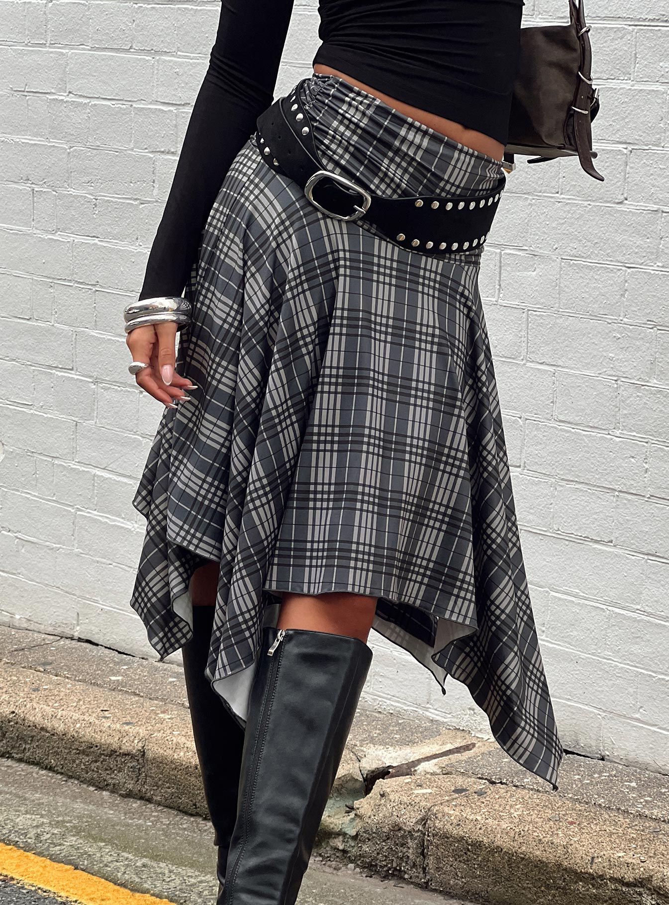 Scholar Asymmetrical Midi Skirt Grey Check