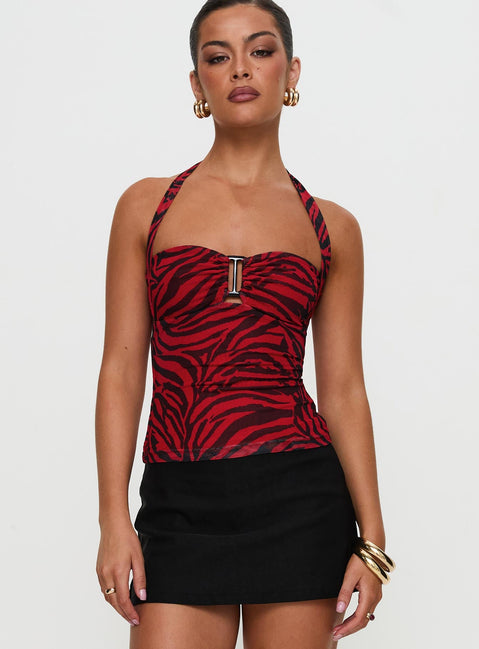 Cielo Mesh Halter Top Red Zebra