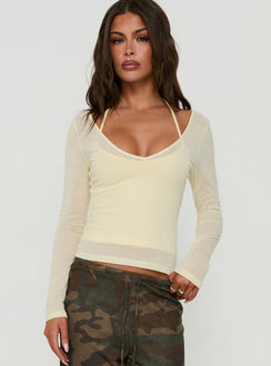 Kaiyah Sheer V Neck Long Sleeve Top Yellow