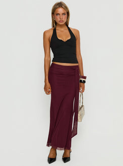   front view of model wearing Princess Polly Caviar Tie Maxi Skirt Currant Maxi Skirts 