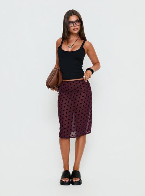   front view of model wearing Princess Polly Evani Sheer Chiffon Midi Skirt Polka Maroon Midi Skirts 