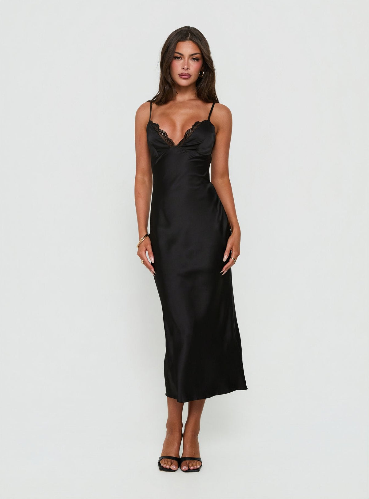 Declanna Satin Lace Trim Slip Midi Dress Black