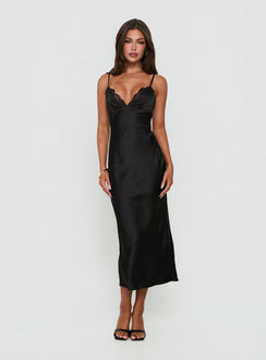 Declanna Satin Lace Trim Slip Midi Dress Black