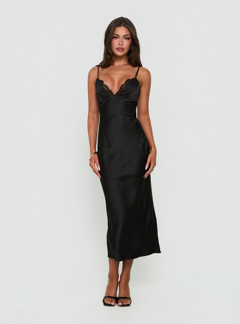 Declanna Satin Lace Trim Slip Midi Dress Black