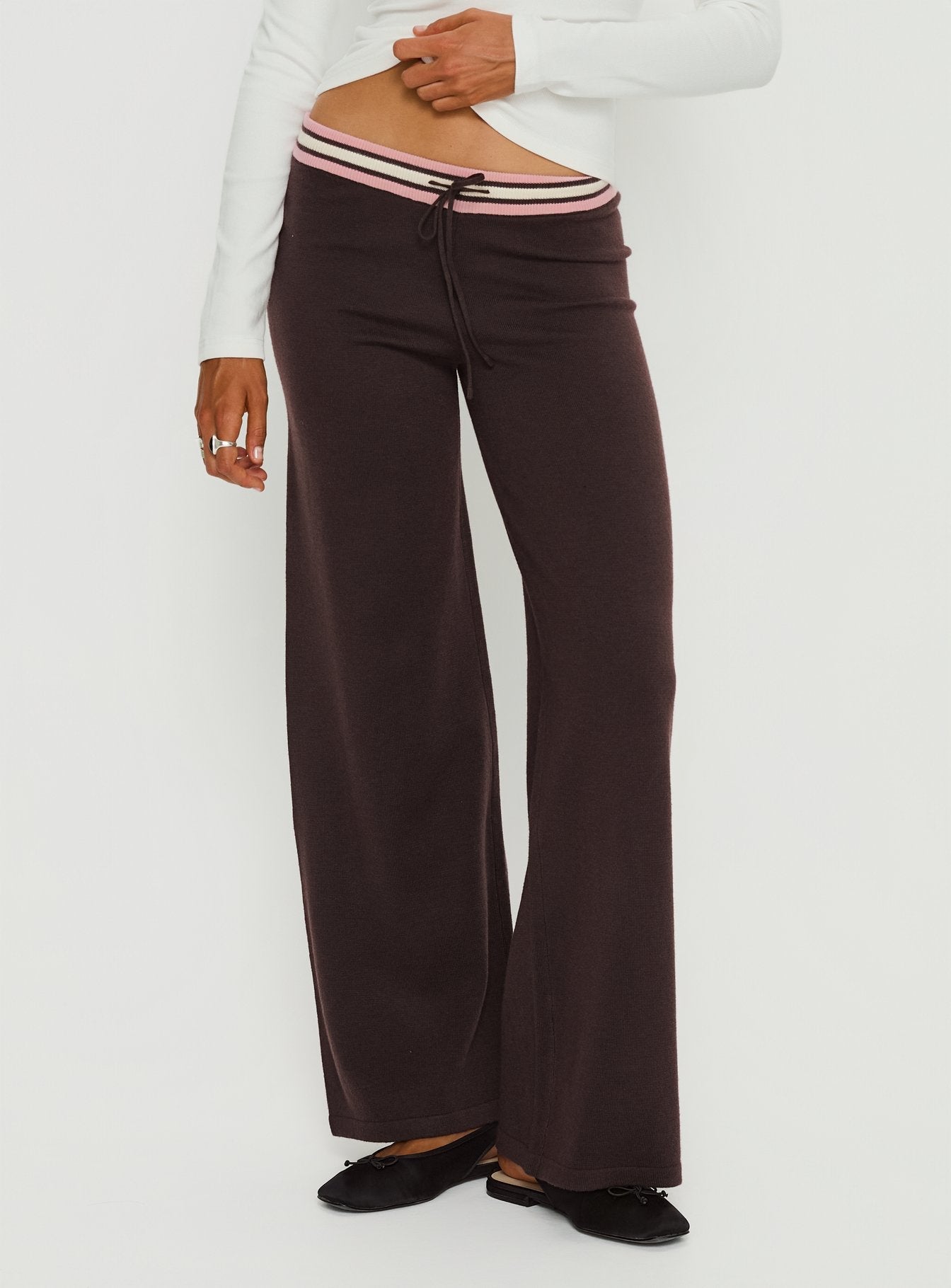 back view of model wearing Princess Polly Felisha Low Waist Knit Pants Brown Low Rise Pants 