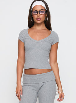 front view of model wearing Princess Polly Lovely Day V Neck Top Grey Marle Short Sleeves V-Neck 