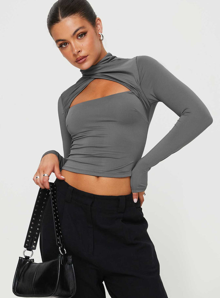 Long sleeve top Slim fitting, high neck with twist detail, keyhole cut out at back, square neckline cut out, invisible zip fastening at sides