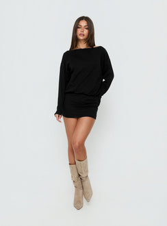 Worlds Away Long Sleeve Blouson Mini Dress Black