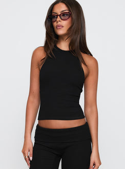 front view of model wearing Princess Polly Busy Woman High Neck Top Black Sleeveless High Neck 