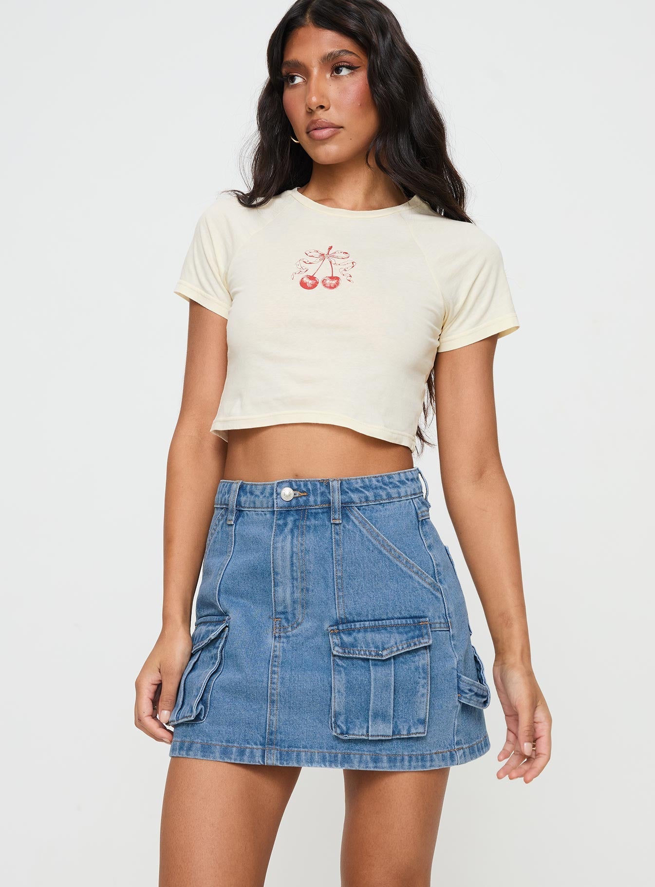   front view of model wearing Princess Polly Chillders Denim Mini Skirt Mid Wash Mini Skirts 