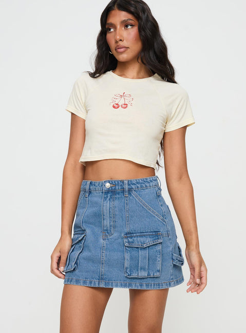   front view of model wearing Princess Polly Chillders Denim Mini Skirt Mid Wash Mini Skirts 