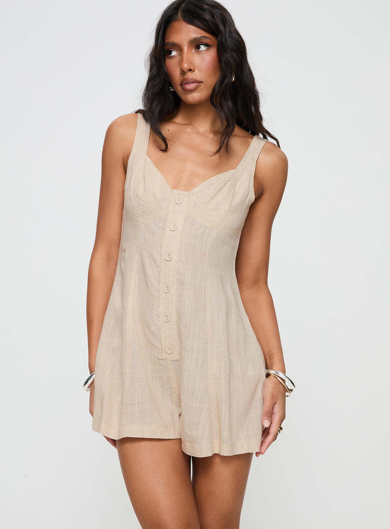 Beige Romper Fixed shoulder straps, v-neckline, faux button detailing, invisible zip fastening at back