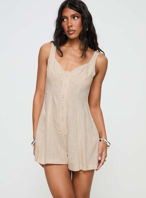 Beige Romper Fixed shoulder straps, v-neckline, faux button detailing, invisible zip fastening at back