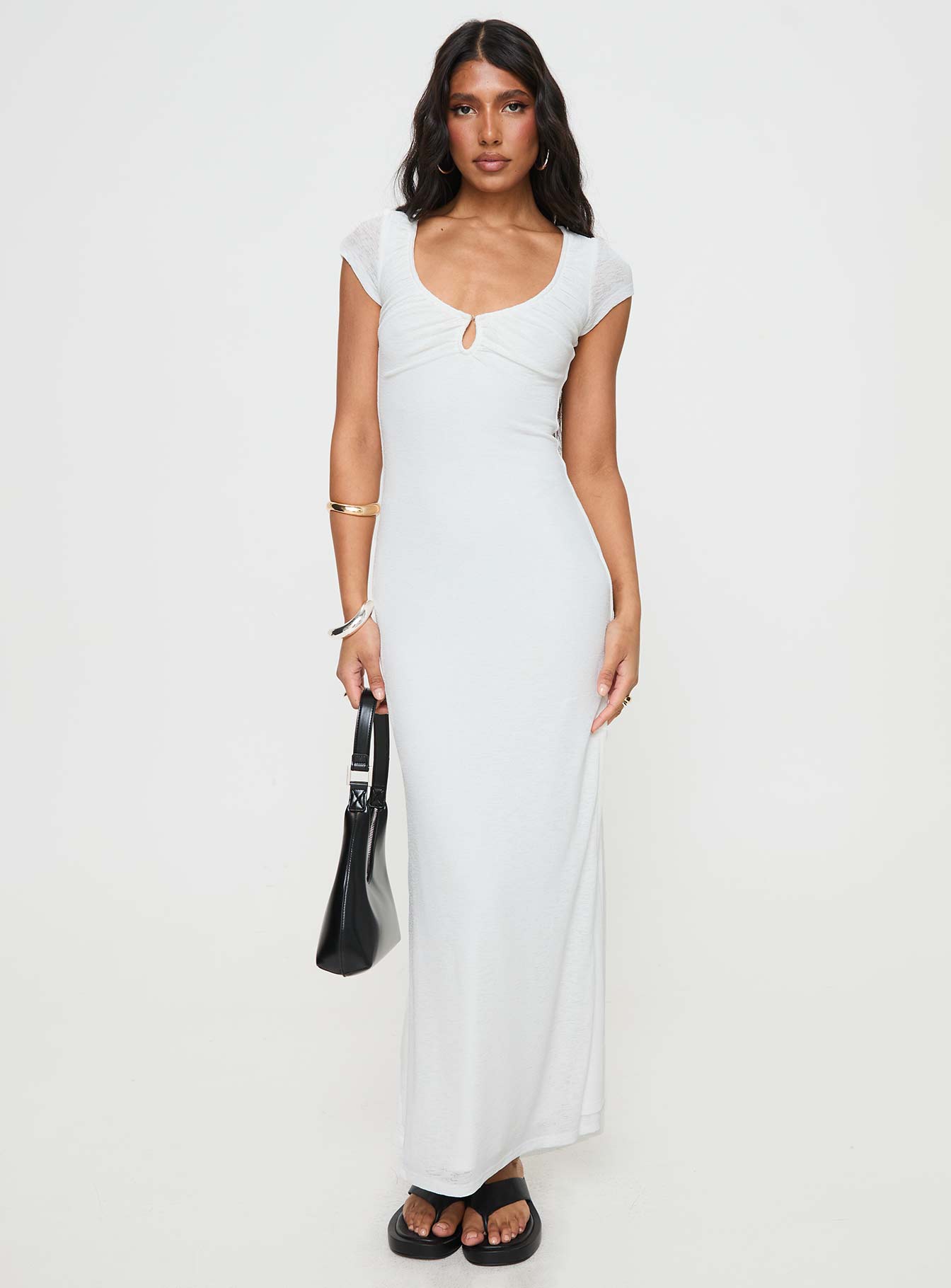 White Maxi dress Scooped neckline, keyhole cut out at bust, hook & eye fastening, high leg slit