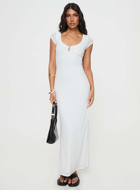 White Maxi dress Scooped neckline, keyhole cut out at bust, hook & eye fastening, high leg slit