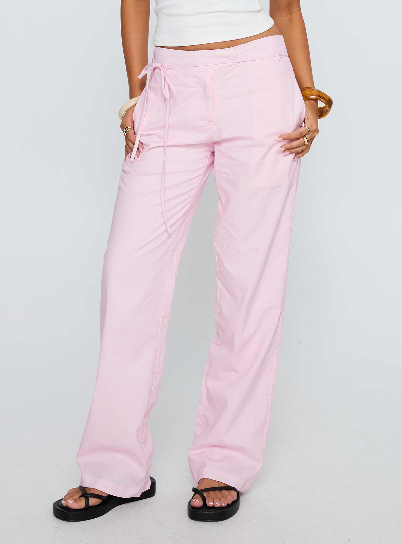 front view of model wearing Princess Polly Destini Tie Up Pant Pink 