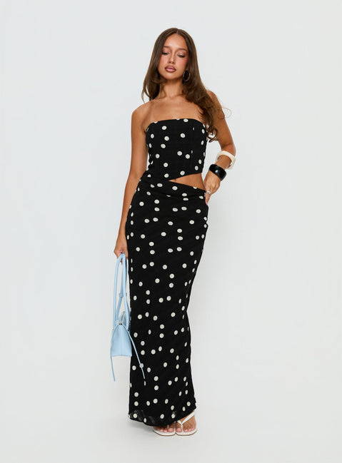 Jasira Strapless Drape Maxi Dress Black Polka Dot
