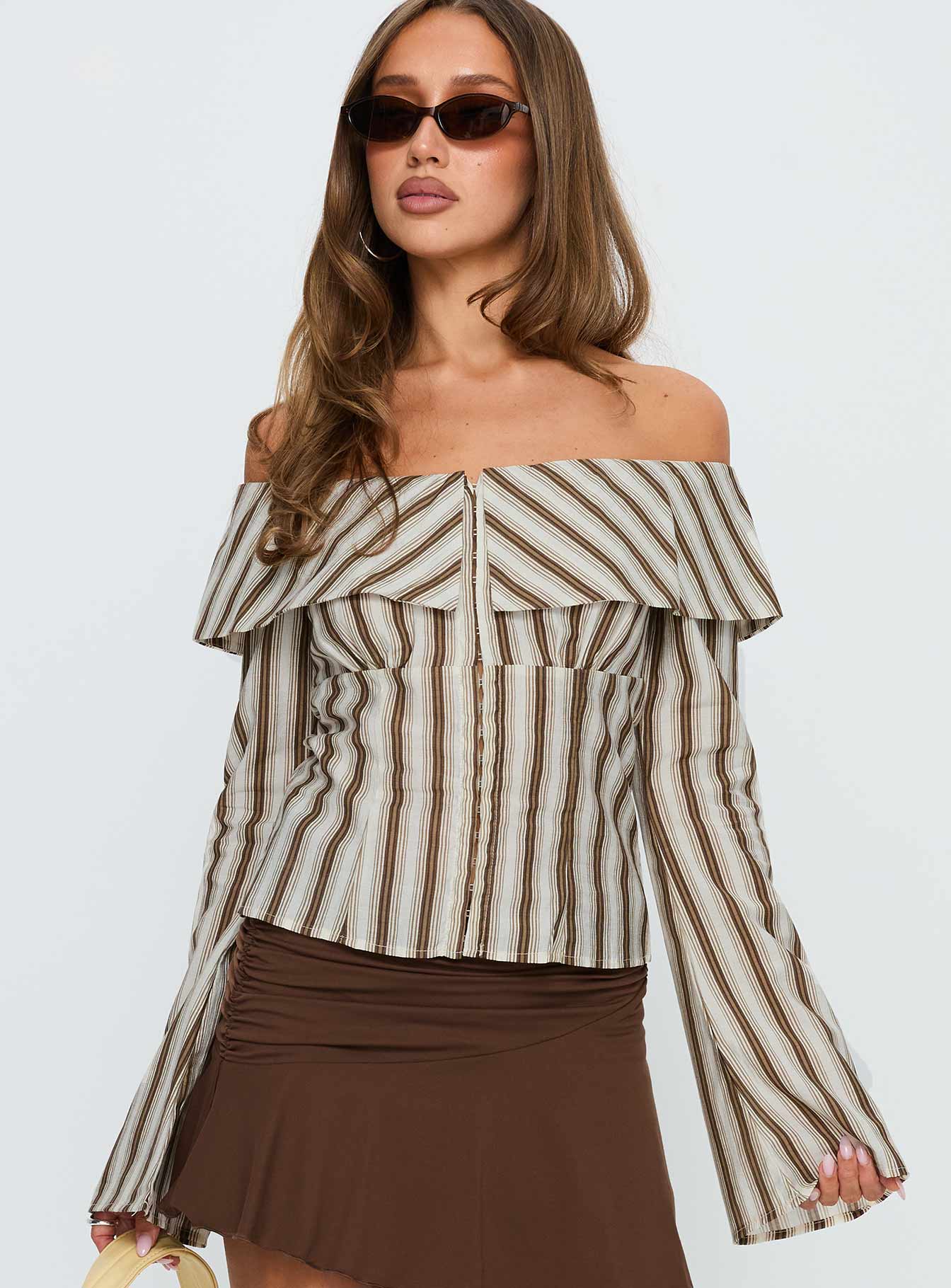 Knockout Off Shoulder Top Brown Stripe