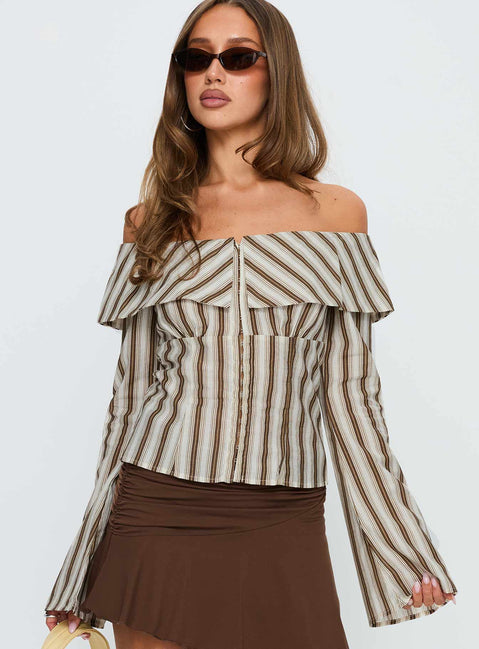 Knockout Off Shoulder Top Brown Stripe